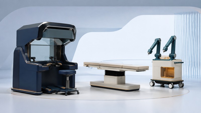 Architectural model of a surgical console, empty operating table, and two resting robotic instrument arms.