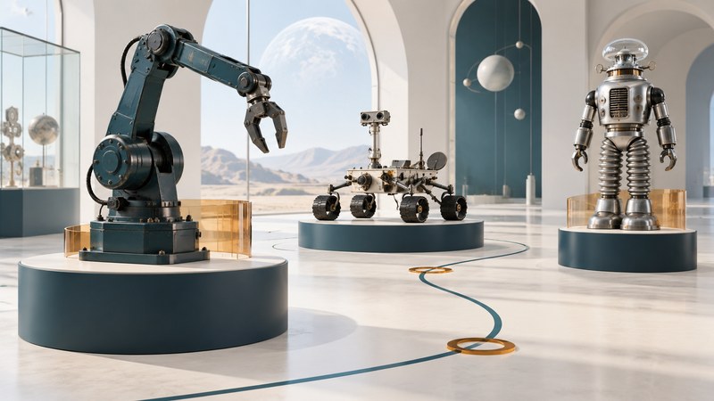 An imagined robotics gallery displays an industrial arm, planetary rover and retro humanoid linked by a teal floor line.