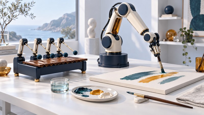A robot arm paints teal and amber strokes beside a robotic marimba, palette and human paintbrush.