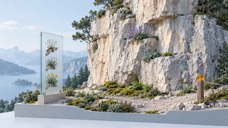 A limestone cliff model with plants on ledges, a glass botanical display and a boundary marker.
