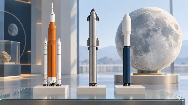 Three stylized launch-vehicle models stand on ivory plinths beside a large cratered Moon globe.