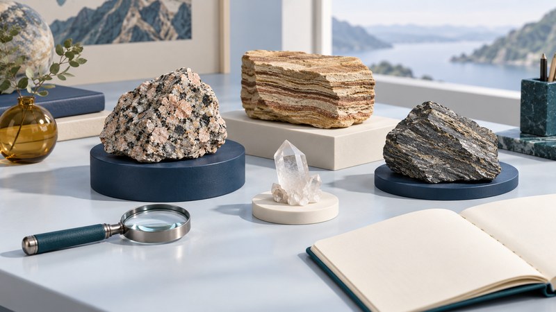 Conceptual rock and mineral display with a hand lens and open field notebook