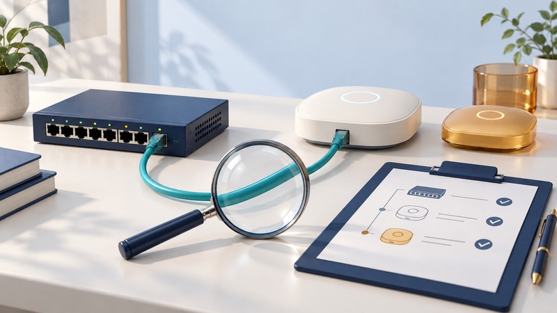 A managed switch and two access points sit beside a cable, magnifying glass and inventory clipboard.