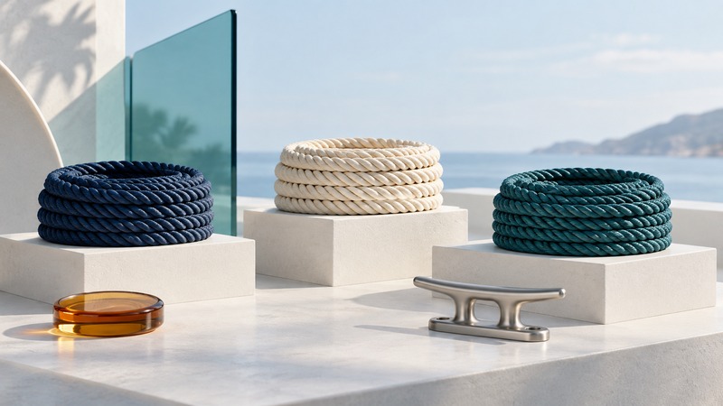 Three coils of navy, ivory and teal rope sit on display plinths beside a separate metal cleat.
