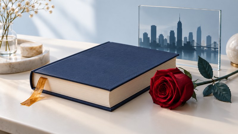 A closed navy book with a red rose beside an abstract city model and clear glass panels.