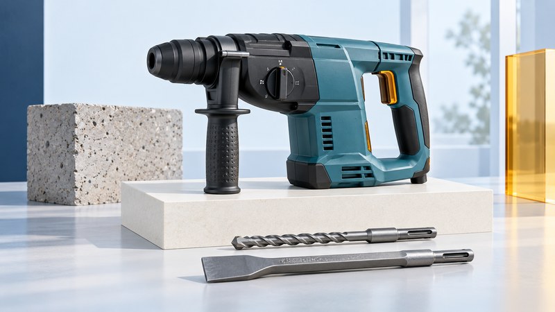 A teal rotary hammer with an auxiliary handle beside separate masonry and chisel accessories and a concrete sample.
