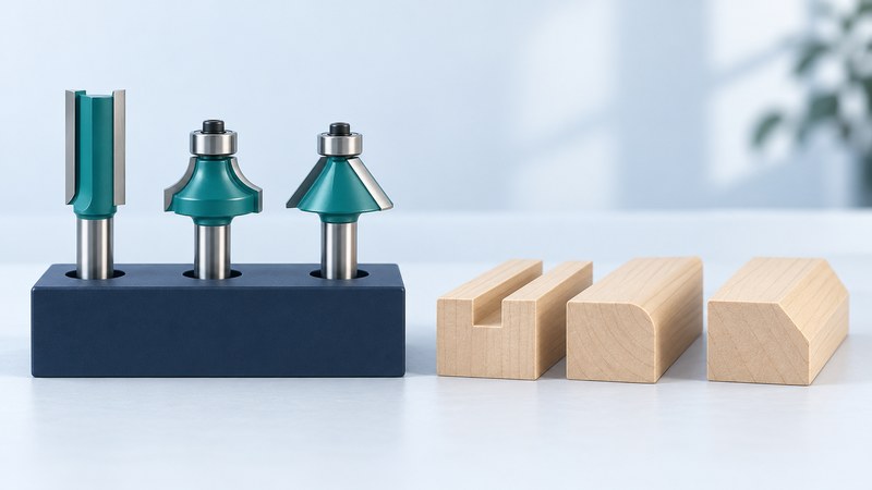 Straight, roundover and chamfer router bits in a navy storage block beside three shaped wood samples.