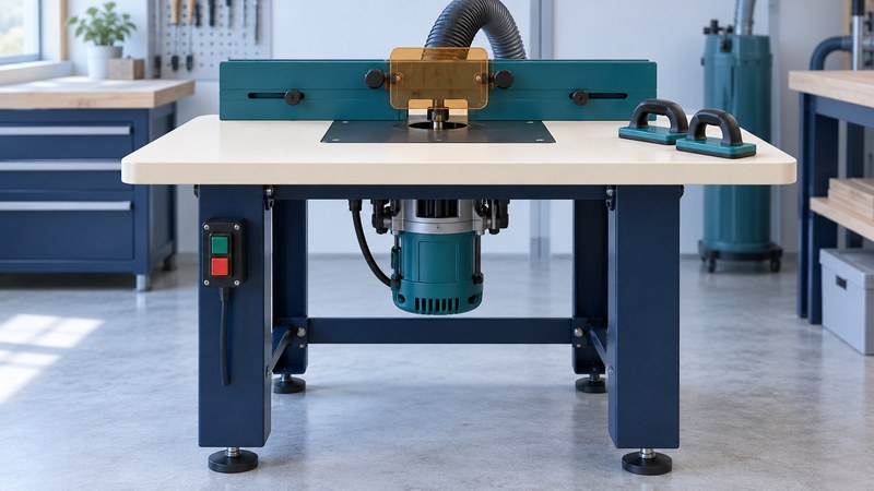 A navy and ivory router table with a teal split fence, amber guard, extraction hose and a router mounted beneath.