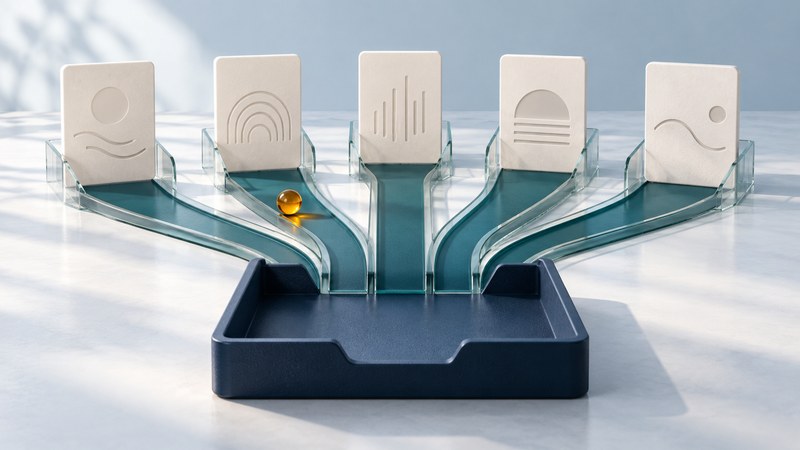 Five ivory cards connect along teal channels to a single navy reading tray.