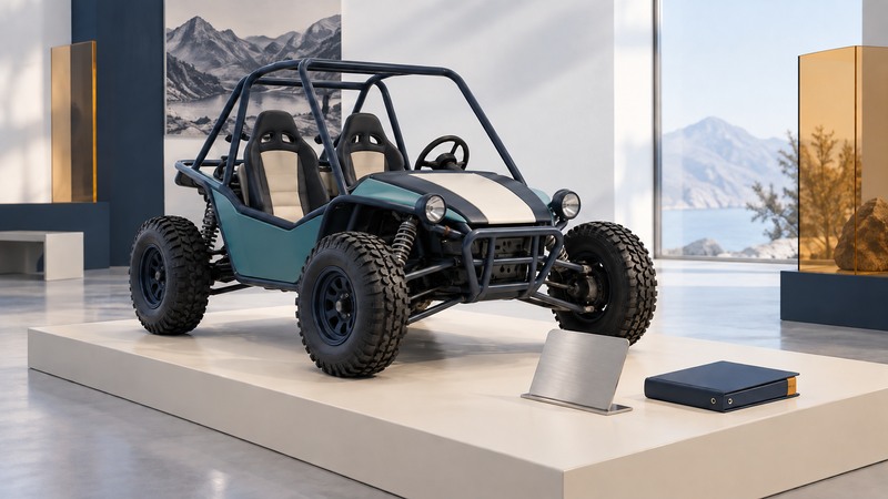 A two-seat off-road buggy displayed beside a blank identification plaque and a closed records binder.