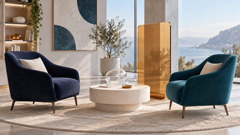 Navy and teal chairs face an ivory table with clear conversation shapes and an amber glass panel beside an open walkway.