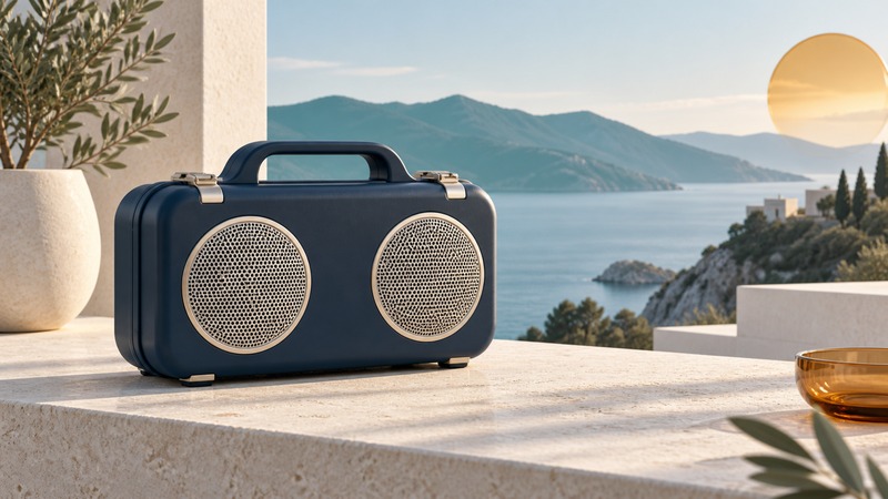 A dry navy portable speaker with carry handle and closed latches rests on an ivory terrace against teal hills.