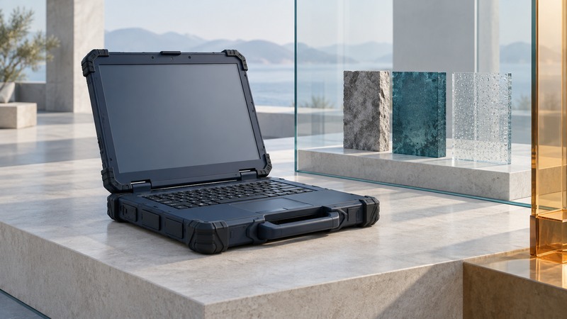 A rugged navy laptop stands beside stone, teal and water-dotted glass samples behind a clear partition.