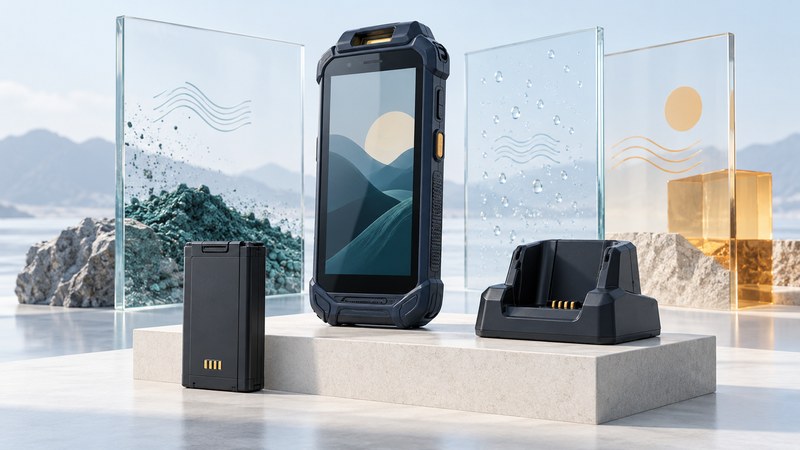A rugged handheld, spare battery and charging cradle stand before glass panels suggesting working conditions.
