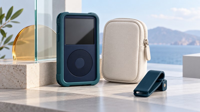 A conceptual music player in a teal bumper case beside a carrying pouch and separate belt clip.