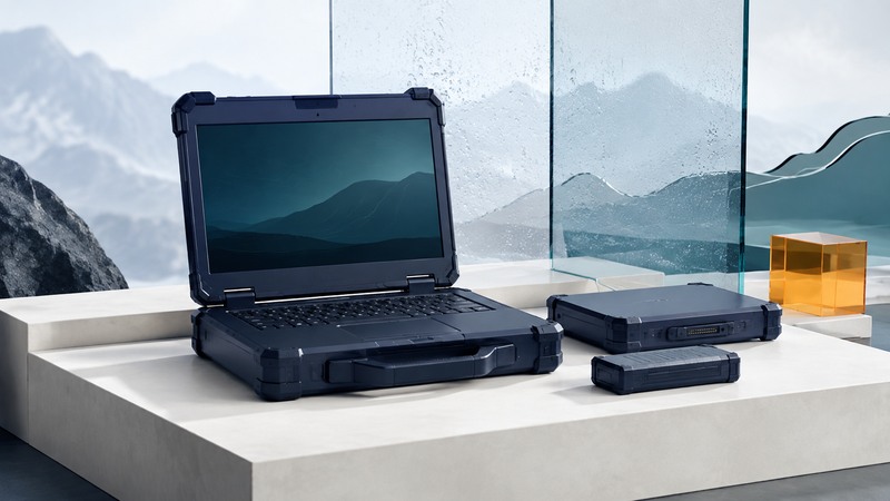 A reinforced field laptop, dock, and battery sit beside glass panels suggesting outdoor conditions.