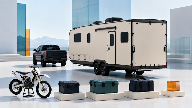 A toy-hauler trailer and separate pickup stand behind a motocross bike and three organized equipment cases.