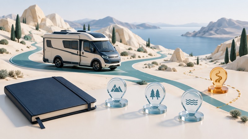 An ivory motorhome on a desert route model with glass destination markers and an alternate-route marker.