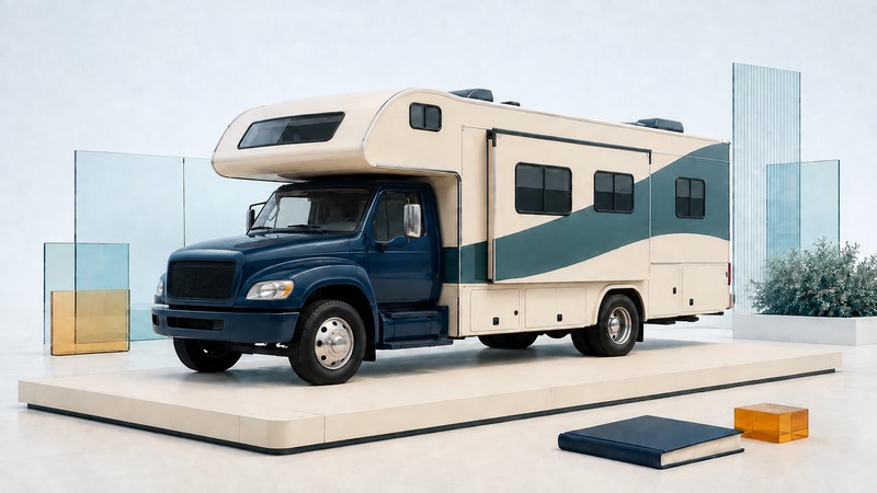 A truck-based motorhome on an ivory display platform beside a record book.