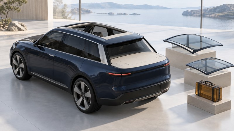 Conceptual navy sports-wagon model with an open roof beside two glass roof panels and a small amber luggage case.