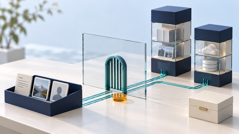 Document tiles approach a teal gate in a glass partition, with separate storage towers and an amber permission token beyond the tray.