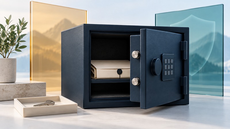 An unbranded navy safe with an open door and ivory document folder, beside a separate key tray and teal and amber glass panels.