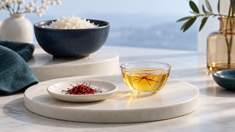 A small cluster of crimson saffron threads beside golden infusion and a navy bowl of rice.