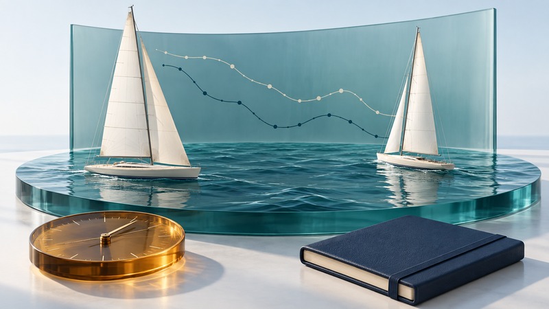 Two ivory sailboat models float apart in a teal ocean display before abstract route traces, with an amber clock and navy notebook.