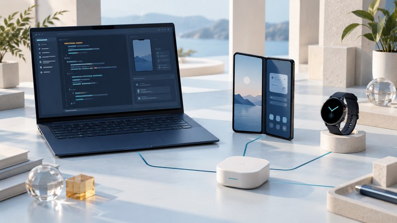 A navy laptop, foldable phone, round smartwatch and home hub on an ivory desk connected by teal paths.
