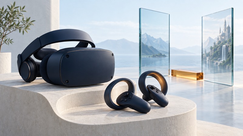 A conceptual navy VR headset and two motion controllers beside separated glass panels.