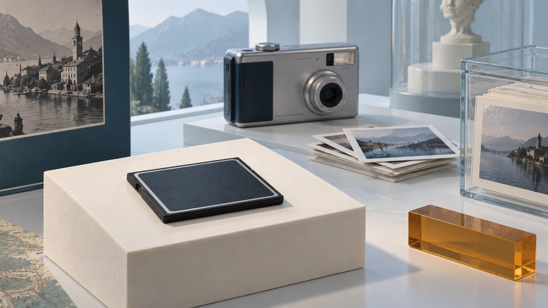 Conceptual CompactFlash card, early digital camera and photographic archive on museum plinths.
