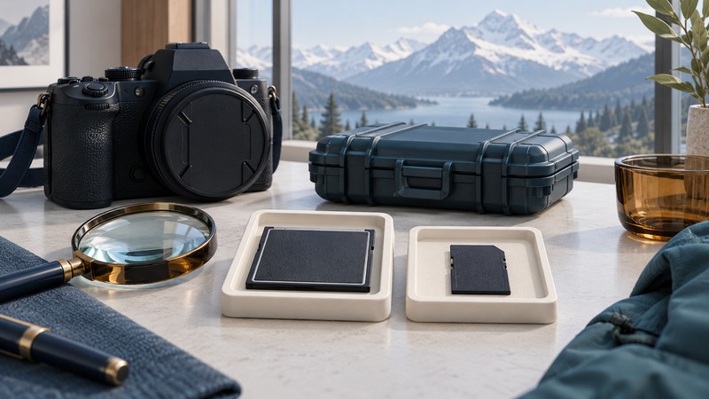 Separate blank CompactFlash and SD cards beside a camera and protective case in a mountain setting.