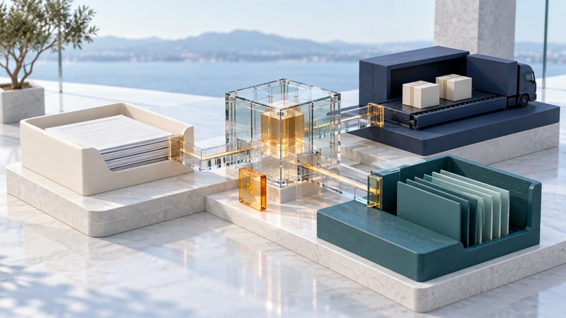 Document, delivery, and ledger stations connect through a transparent central model with an amber validation marker.