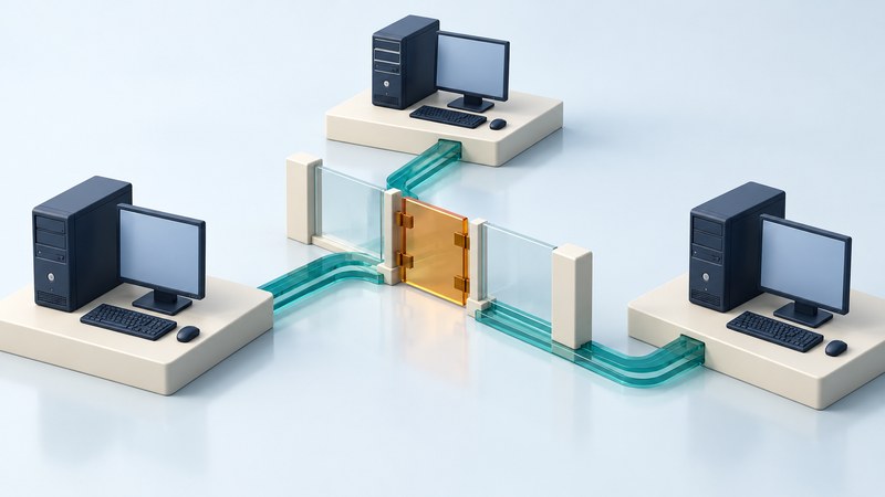Three miniature desktop computers on ivory platforms connect through teal paths and a glass boundary.