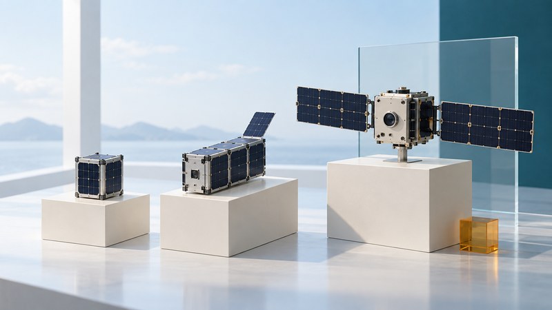 Three small satellite models of different sizes stand on ivory display plinths.