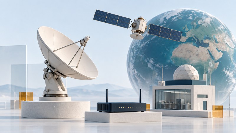 A ground dish, router and gateway model stand beside a satellite and an Earth globe.