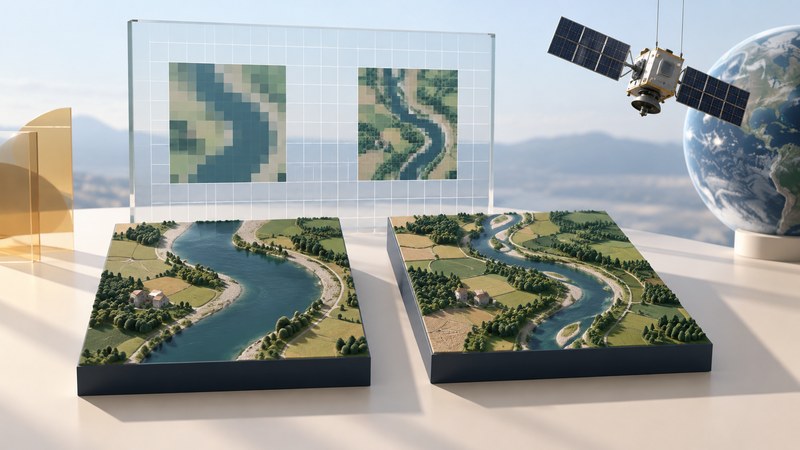 Two conceptual river terrain tiles and pixel-grid images sit beside a small observation satellite model.