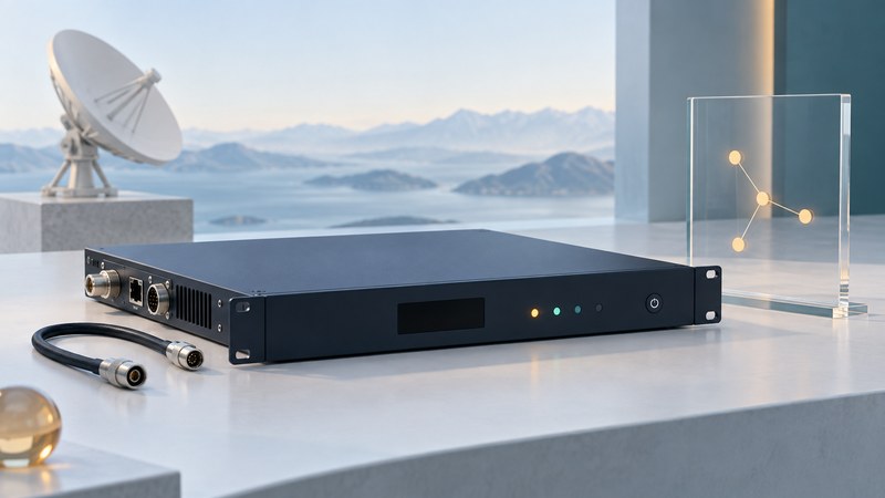 A generic rackmount satellite modem and disconnected cable sit beside a dish model and abstract signal display.