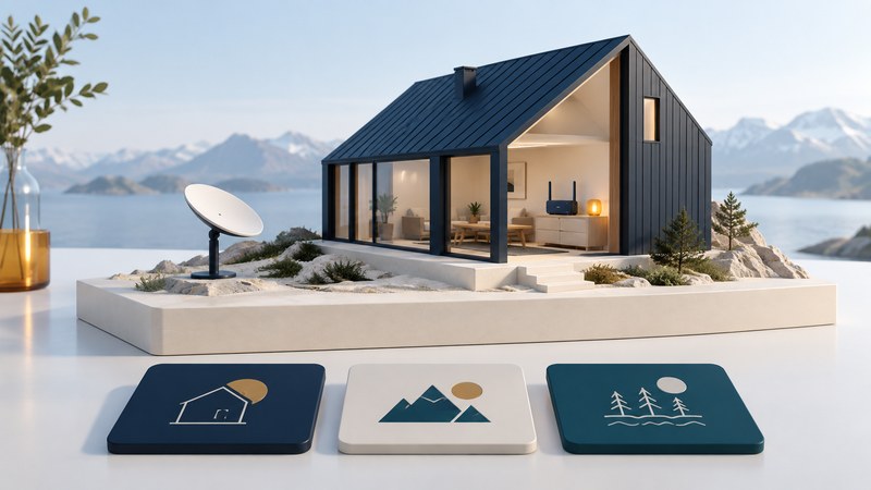 A remote house model with a satellite terminal, indoor router and three abstract choice tiles.