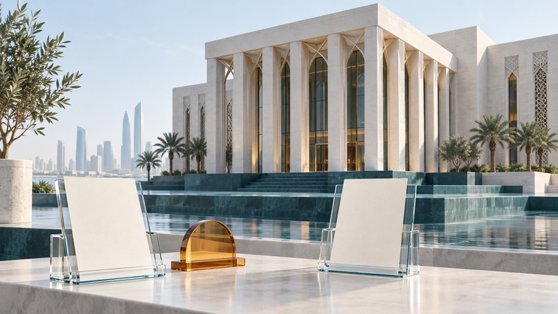 An ivory exchange-style building stands behind two glass document holders and an amber access marker.