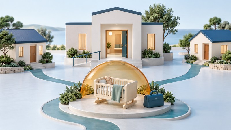 A miniature community clinic and homes linked by teal paths around a conceptual cradle and medical bag.