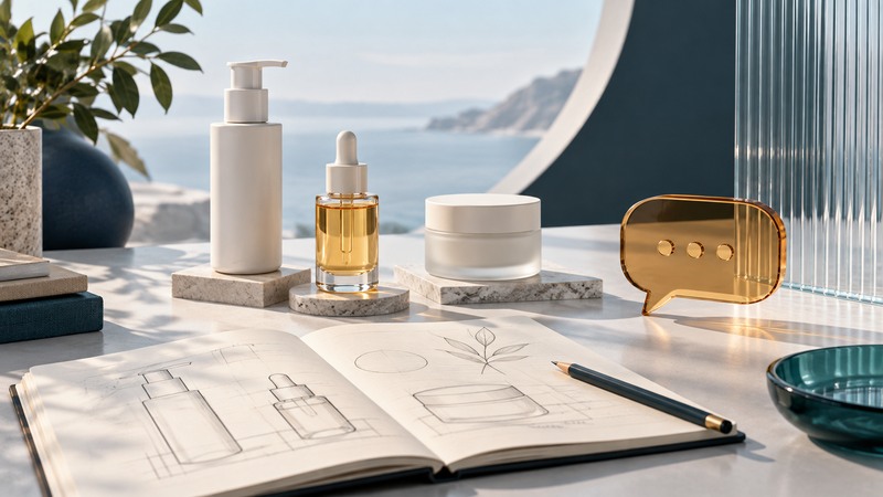 Generic skin-care containers beside product sketches and a translucent amber conversation symbol.