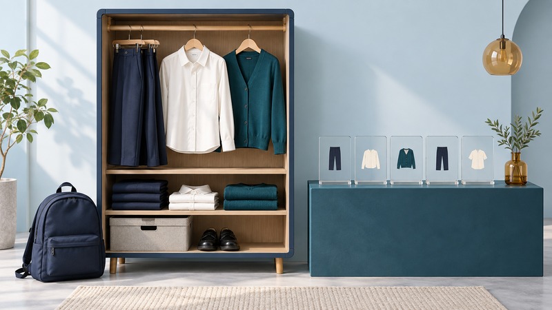 A compact navy wardrobe holds coordinated shirts, trousers and knitwear beside a backpack and glass planning tiles.