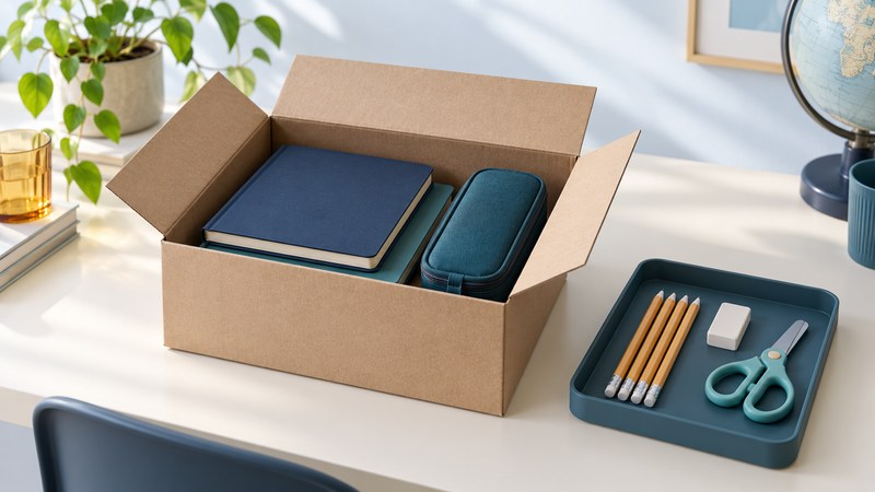 An open donation box with notebooks and a pencil case beside a tray of school supplies.
