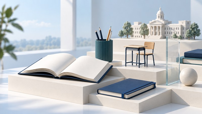 Books, pencils, a miniature school desk and a campus building arranged on ivory platforms.