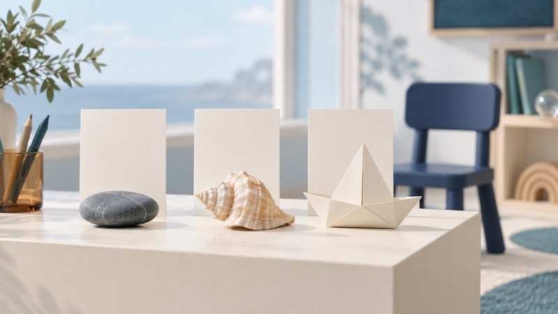 A stone, seashell and paper boat sit before three blank prompt cards in a classroom.