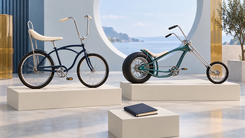 A classic banana-seat bicycle and a long, low chopper bicycle displayed on separate ivory platforms.