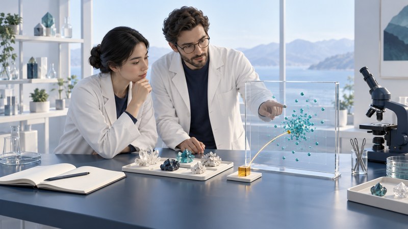 Two researchers compare a computational display with crystal samples beside a microscope and notebook.