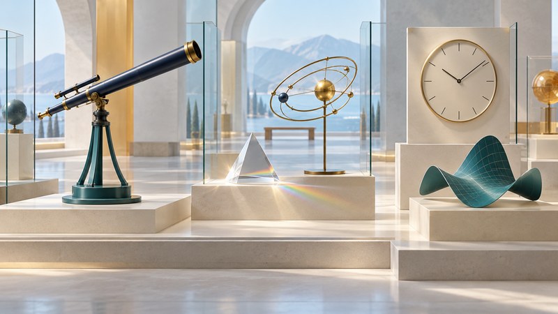 A telescope, glass prism, orbital model, clock, and curved surface displayed on museum plinths.