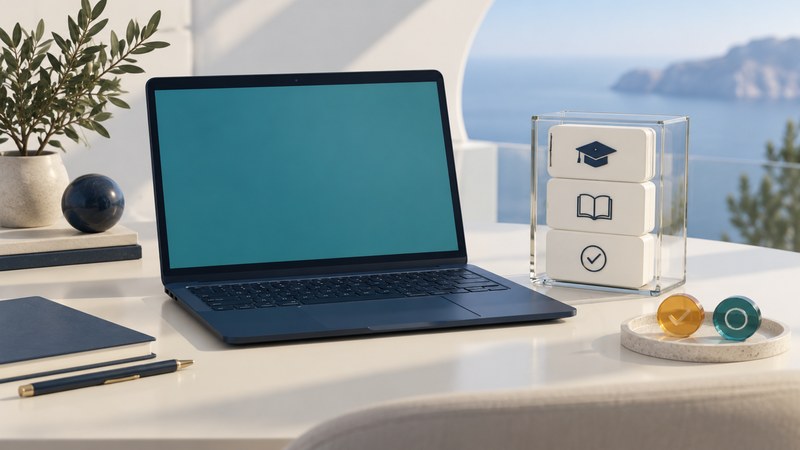 A navy laptop sits beside course tiles in a glass container and separate teal and amber status tokens.